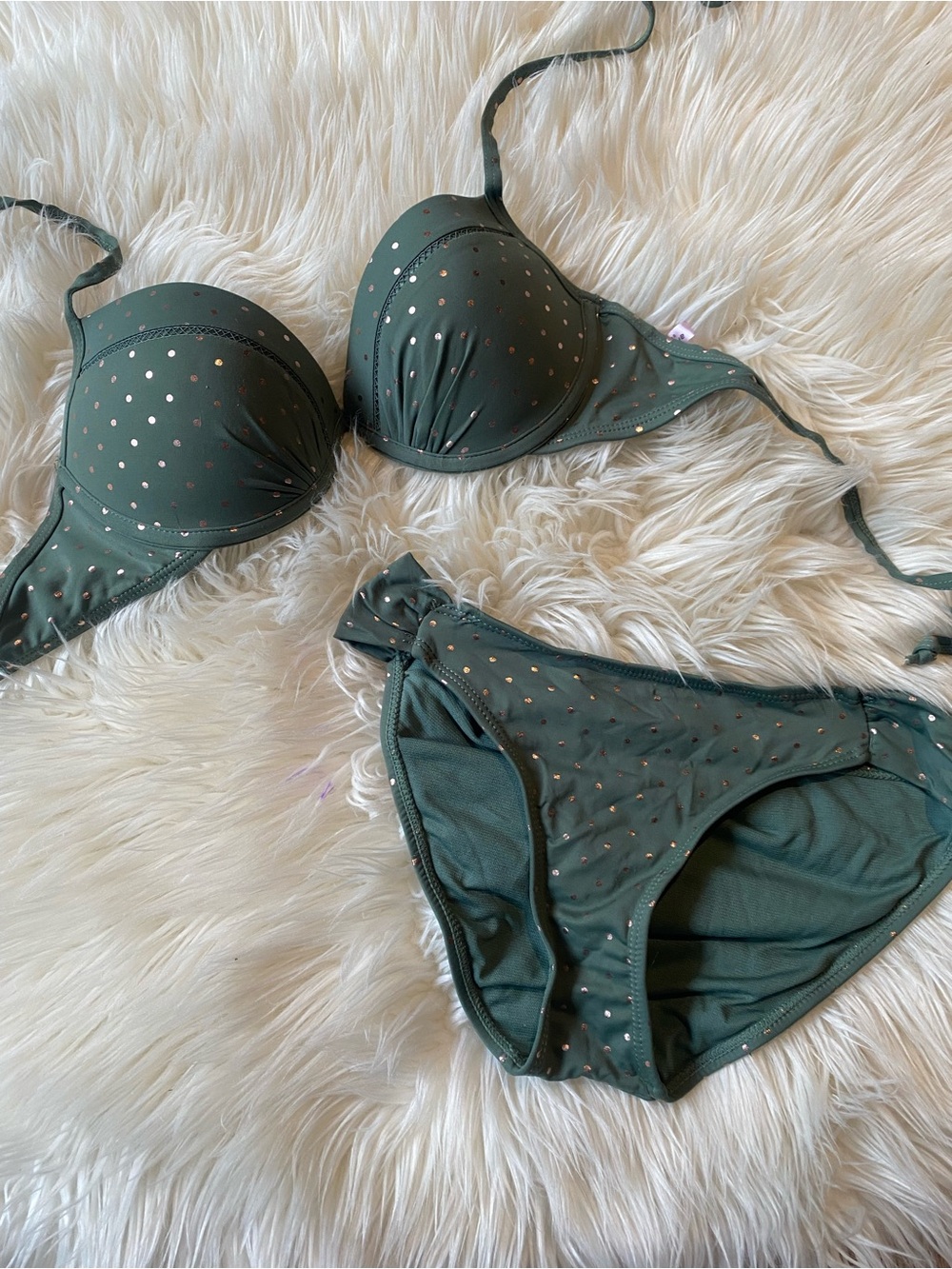 Ardene Women's Olive Green Golden Polka Dot Bikini Set with Push-up top NWOT